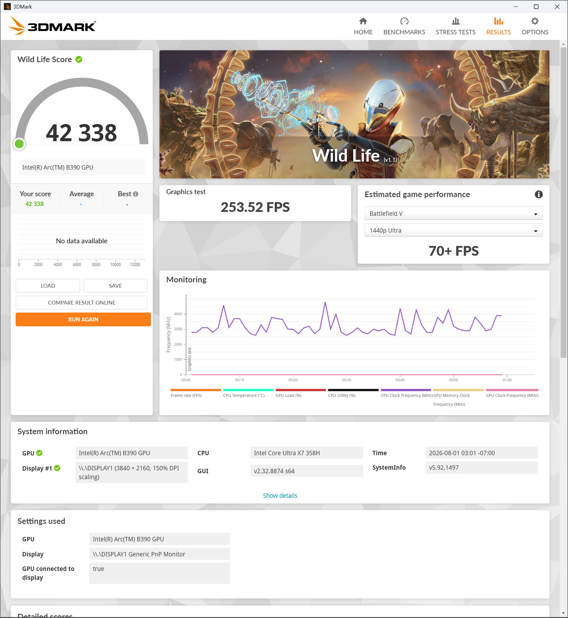 A 3DMark Wild Life benchmark result shows an Intel Arc B390 GPU scoring 42,338 with a graphics test of 253.52 FPS and estimated Battlefield V performance at 1440p Ultra of 70+ FPS, alongside system information listing an Intel Core Ultra X7 358H CPU.