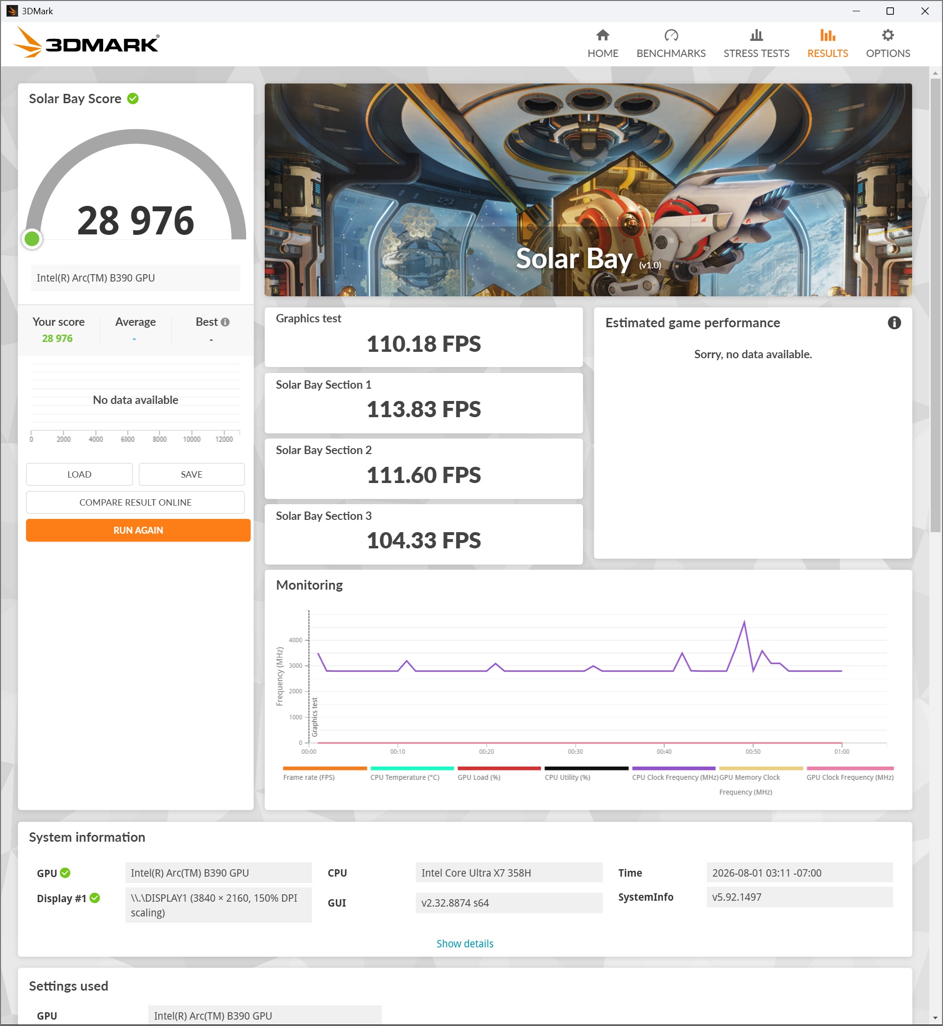 A 3DMark benchmark result for 'Solar Bay' shows an Intel Arc B390 GPU scoring 28,976, with graphics test results of 110.18 FPS and section scores of 113.83, 111.60, and 104.33 FPS, monitored alongside an Intel Core Ultra X7 358H CPU.