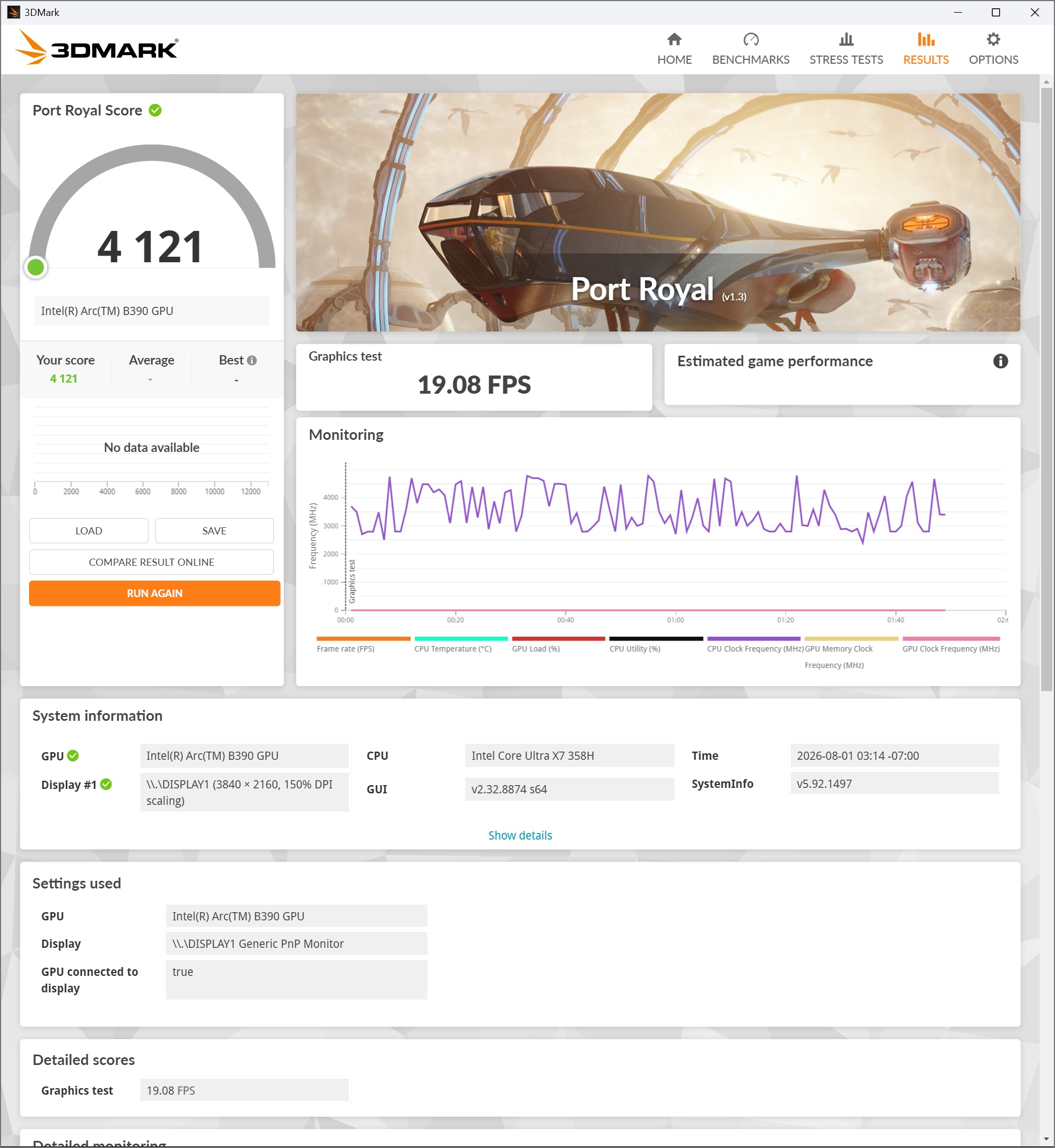 The 3DMark score for the 'Port Royal' test shows an Intel Arc B390 GPU with a result of 4121 and graphics test of 19.08 FPS.
