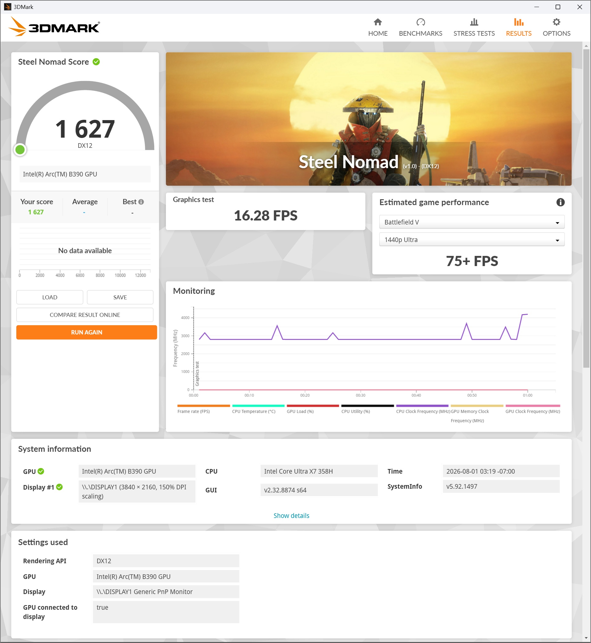 A 3DMark benchmark result for 'Steel Nomad' shows an Intel Arc B390 GPU scored 1,627 with 16.28 FPS graphics test performance and an estimated 75+ FPS for 'Battlefield V' at 1440p Ultra settings.