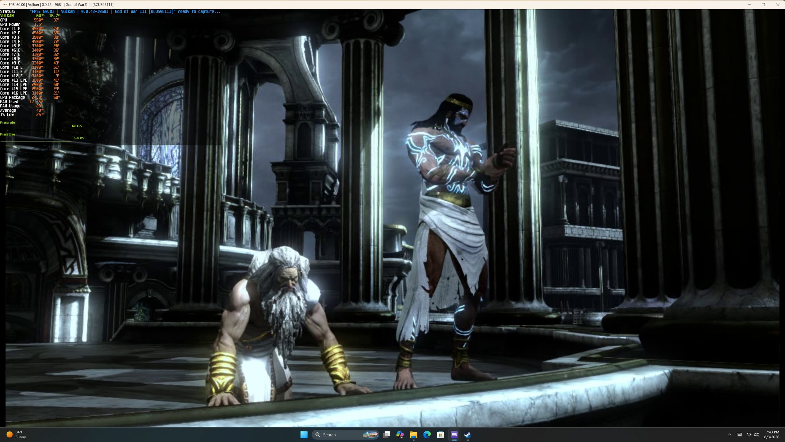 A gameplay scene from God of War III shows two characters in a temple environment, with real-time performance metrics displayed in the top left corner, indicating a frame rate of '68.3707 FPS' running on 'Vulkan.'