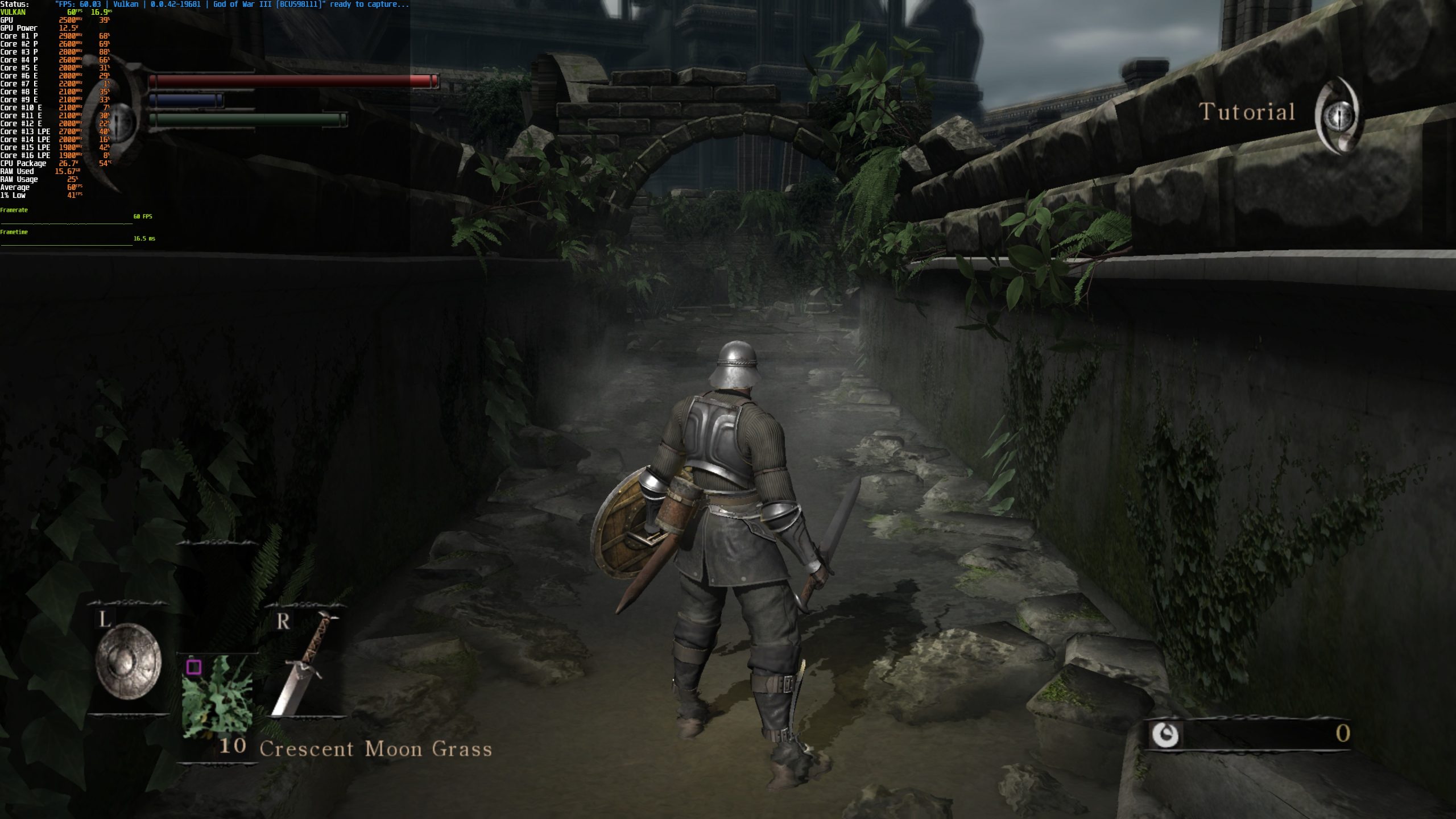 A character in 'Demon's Souls' stands in a stone pathway during the 'Tutorial' while system specs are displayed in the top left.