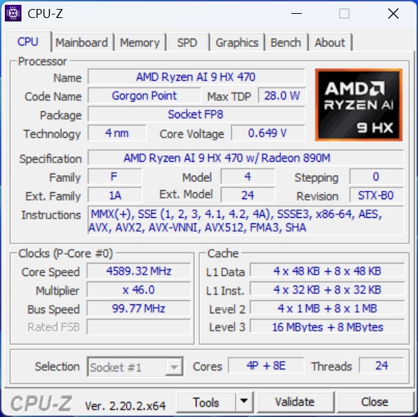 A CPU-Z screenshot details the AMD Ryzen AI 9 HX 470 processor with a base frequency of 4589.32 MHz, socket FP8, 4 nm technology, and Radeon 890M graphics.