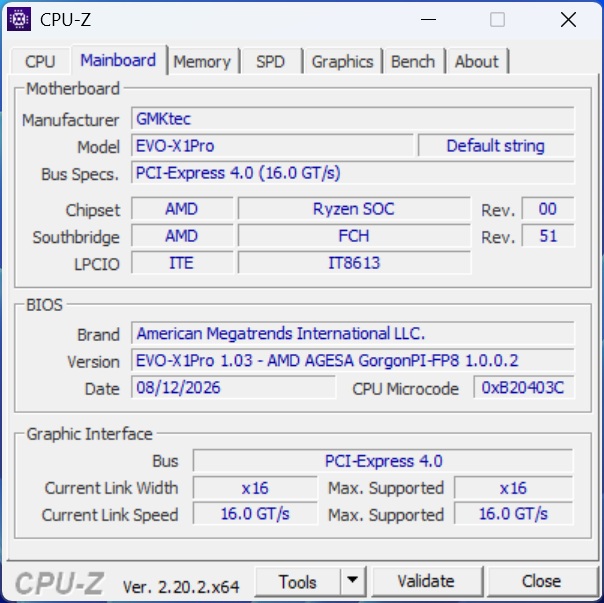 The CPU-Z application displays motherboard details for the GMKtec EVO-X1Pro using an AMD Ryzen SOC chipset, with a PCI-Express 4.0 interface and an American Megatrends International LLC BIOS version EVO-X1Pro 1.03.