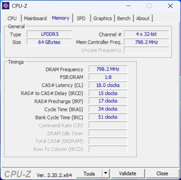 A CPU-Z memory tab displays an LPDDR5 RAM configuration with a size of 64 GBytes, 798.2 MHz DRAM frequency, and detailed timings such as CAS# Latency of 18.0 clocks.