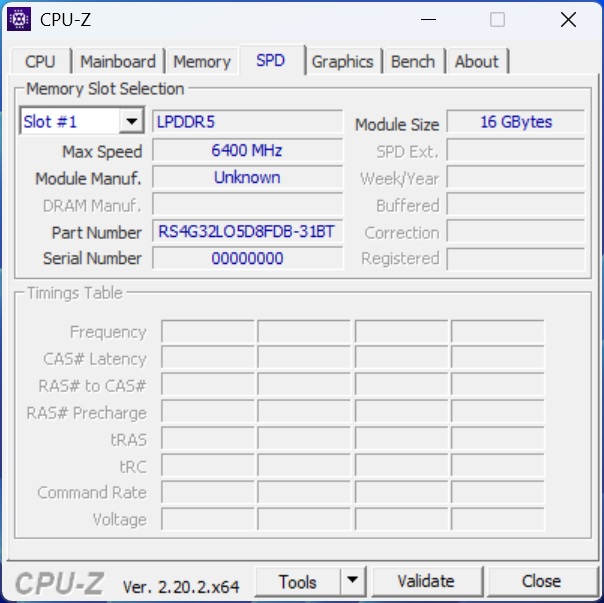 A CPU-Z window displays an SPD tab showing memory details, including LPDDR5 with a max speed of 6400 MHz and a module size of 16 GBytes.