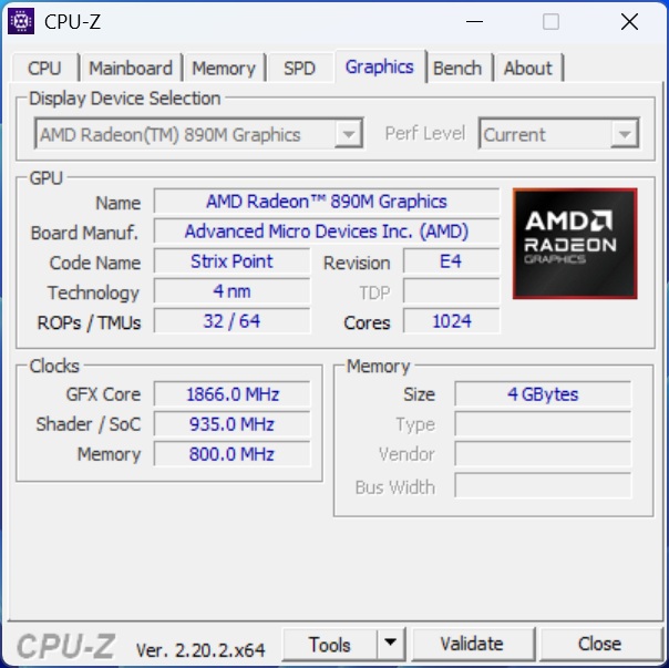 The CPU-Z interface displays details of an AMD Radeon 890M Graphics card with 'Strix Point' code name, 4 nm technology, 1024 cores, and a memory size of 4 GBytes.
