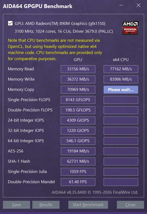 The AIDA64 GPGPU Benchmark results show an AMD Radeon 890M GPU with key performance metrics such as 'Memory Read' at 33156 MB/s and 'Memory Write' at 36372 MB/s.