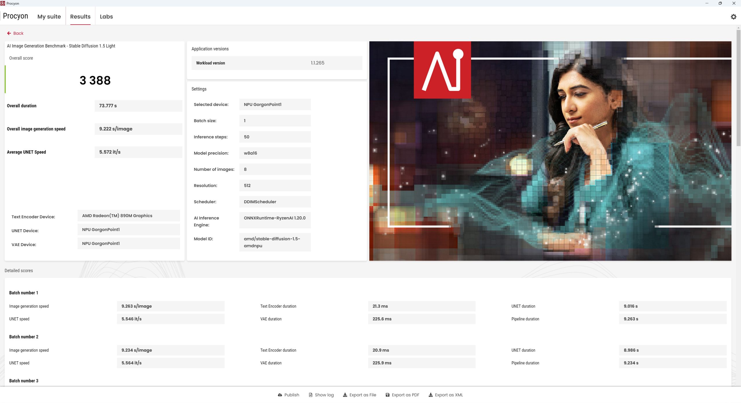 A screen displays the Procyon AI Image Generation Benchmark using 'Stable Diffusion 1.5 Light' with an overall score of 3388, showcasing settings for devices like AMD Radeon(TM) 890M Graphics and NPU GorgonPoint1.