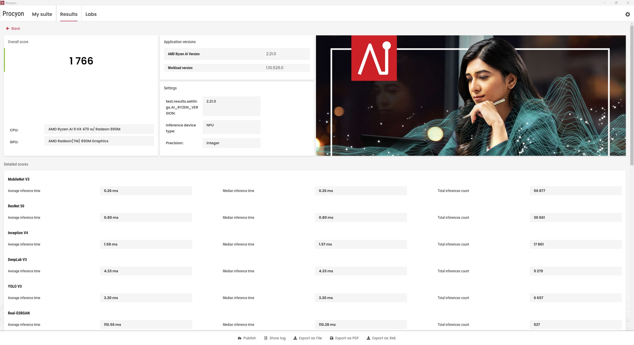 A benchmark result from Procyon shows an overall score of 1766 for an AMD Ryzen AI 9 HX 470 with Radeon 890M, detailing inference times for various models like MobileNet V3 and ResNet 50.