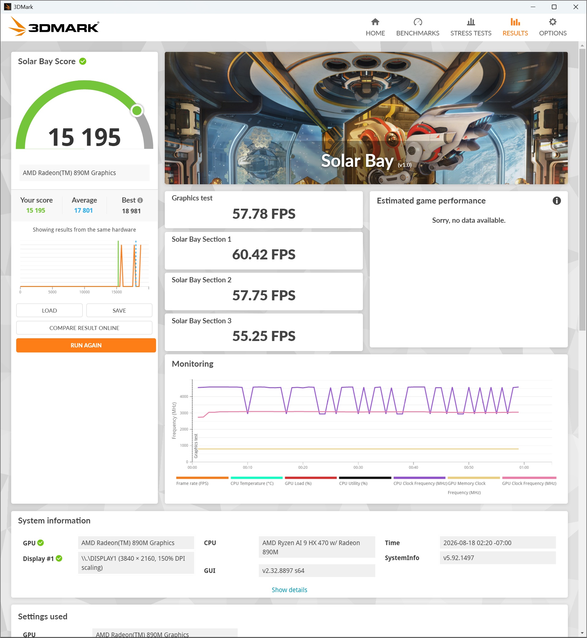 A 3DMark benchmark result for 'Solar Bay' shows an AMD Radeon 890M Graphics with a score of 15,195, and graphics test results of 57.78 FPS.