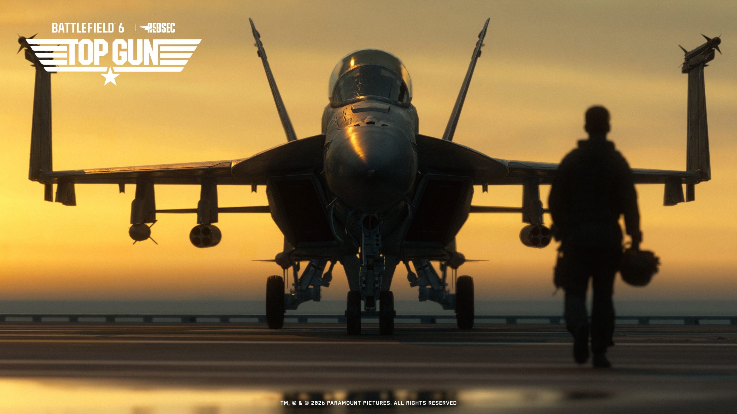 A silhouette of a pilot approaches a jet on an aircraft carrier at sunset with 'Battlefield 6 | RedSec Top Gun' text at the top.