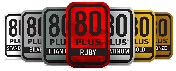 A collection of 80 PLUS efficiency certification badges featuring 'RUBY' prominently in red, alongside other levels such as 'STANDARD,' 'SILVER,' 'TITANIUM,' 'PLATINUM,' 'GOLD,' and 'BRONZE.'