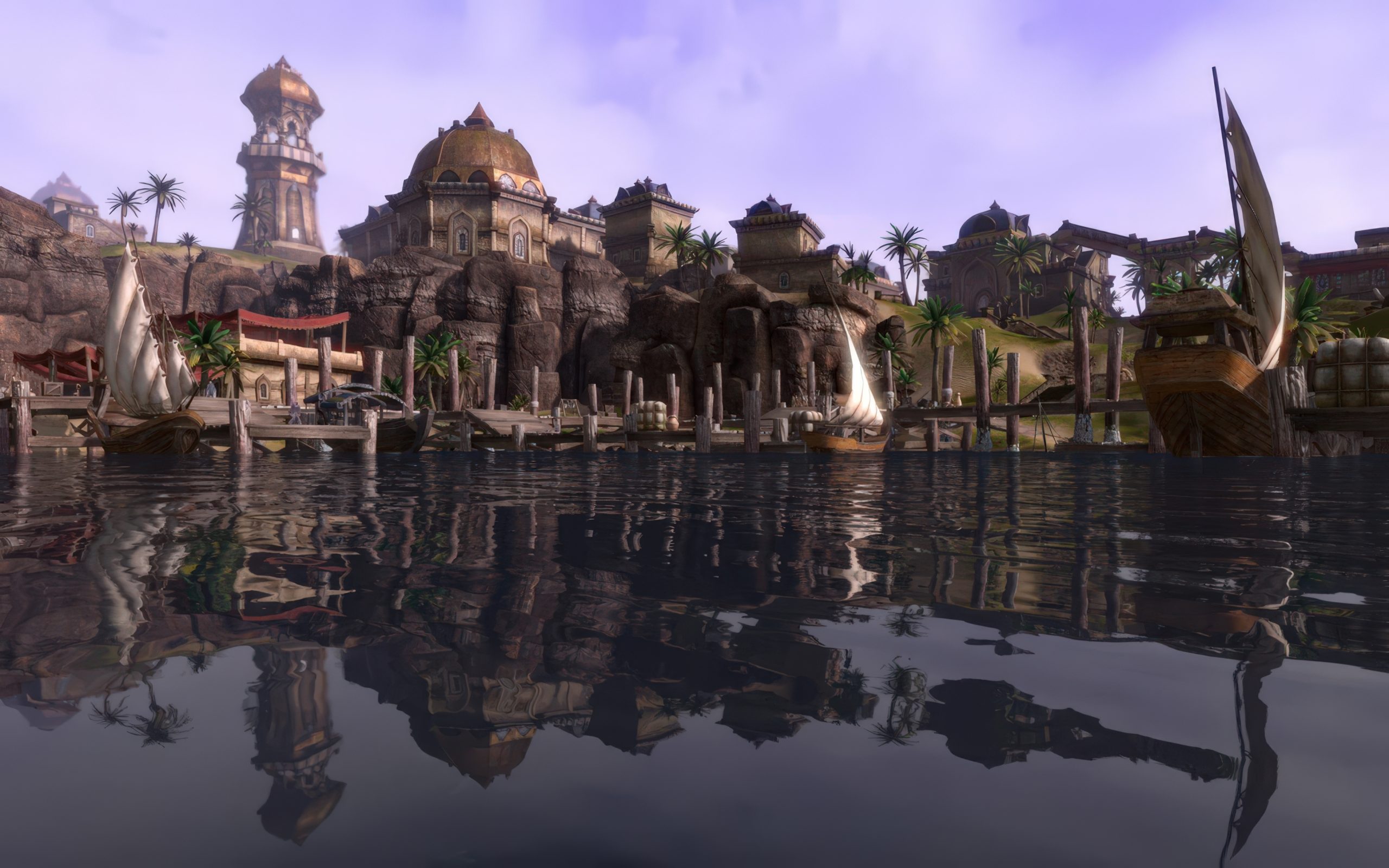 A scenic waterfront view of Sentinel from The Elder Scrolls Online, showcasing boats docked at a wooden pier with elaborate, domed structures in the background and reflections in the water.