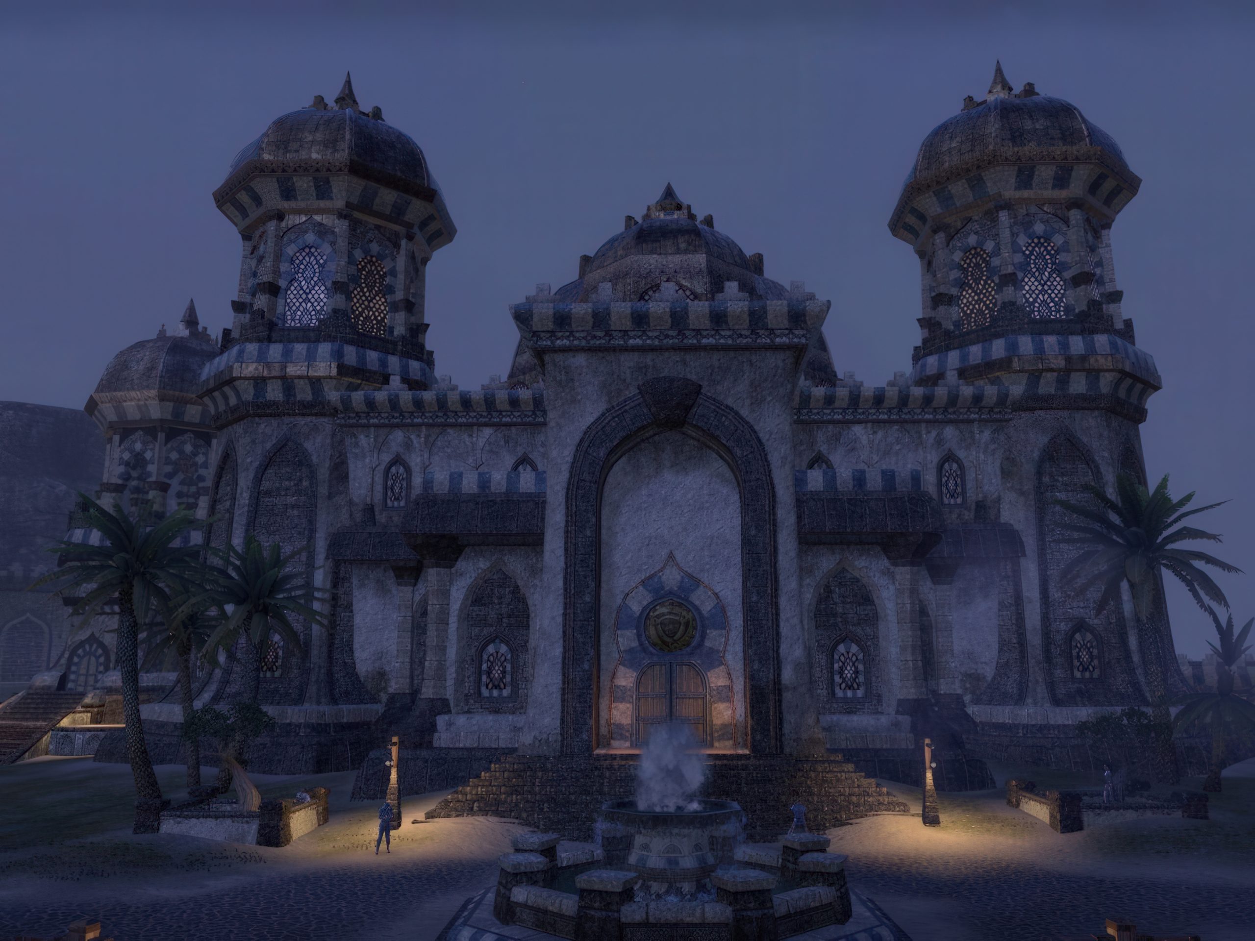 A nighttime scene in the video game 'Elder Scrolls Online' features the Sentinel palace, a structure with multiple domes and palm trees.