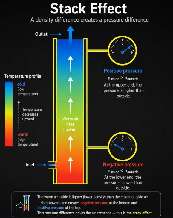 A diagram titled 'Stack Effect' illustrates the concept of warm air rising to create a pressure difference, with labels indicating temperature profiles, positive pressure at the upper outlet, and negative pressure at the lower inlet.