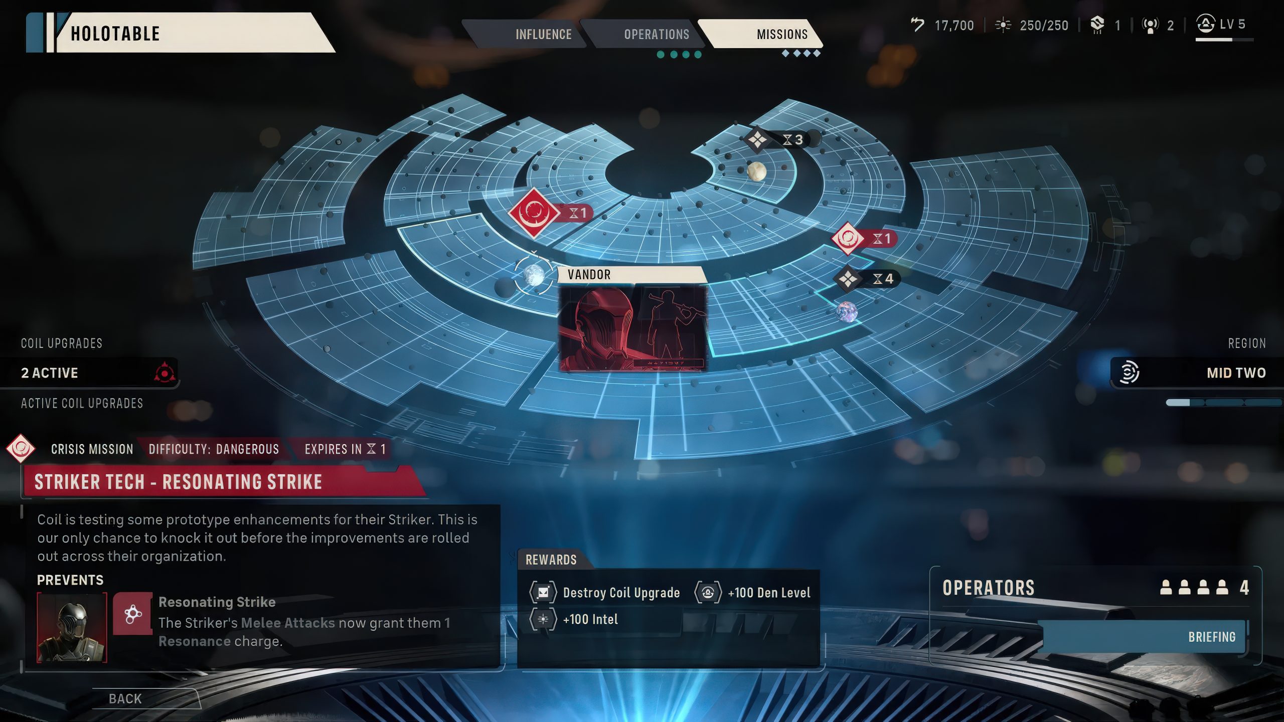 A strategy game interface showing a holotable map with Striker Tech - Resonating Strike mission details, highlighting a crisis mission with a Difficulty: Dangerous label and rewards including +100 Den Level and +100 Intel.