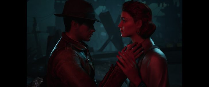 A noir-style video game scene shows a man in a fedora and leather jacket holding a woman close, both bathed in blue and red lighting against a dark urban backdrop.