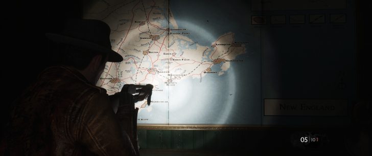 A character in a leather jacket examines a map labeled 'New England' with locations like Arkham and Innsmouth highlighted, while holding a flashlight in a dark setting.