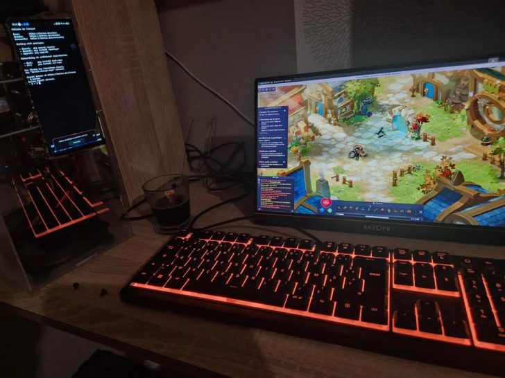 A computer setup with an Arzopa monitor displaying a colorful online role-playing game, accompanied by a backlit mechanical keyboard and a vertical screen with system information, next to a glass of dark liquid on a wooden desk.