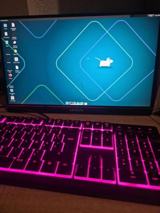 A desktop setup features an ARZOPA monitor displaying a custom Linux desktop interface with a mouse logo and a neon pink backlit keyboard.