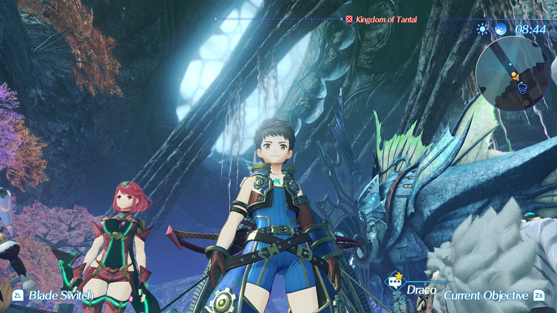 A scene from 'Xenoblade Chronicles 2' shows characters standing in the Kingdom of Tantal, with on-screen text 'Blade Switch' and 'Current Objective'.