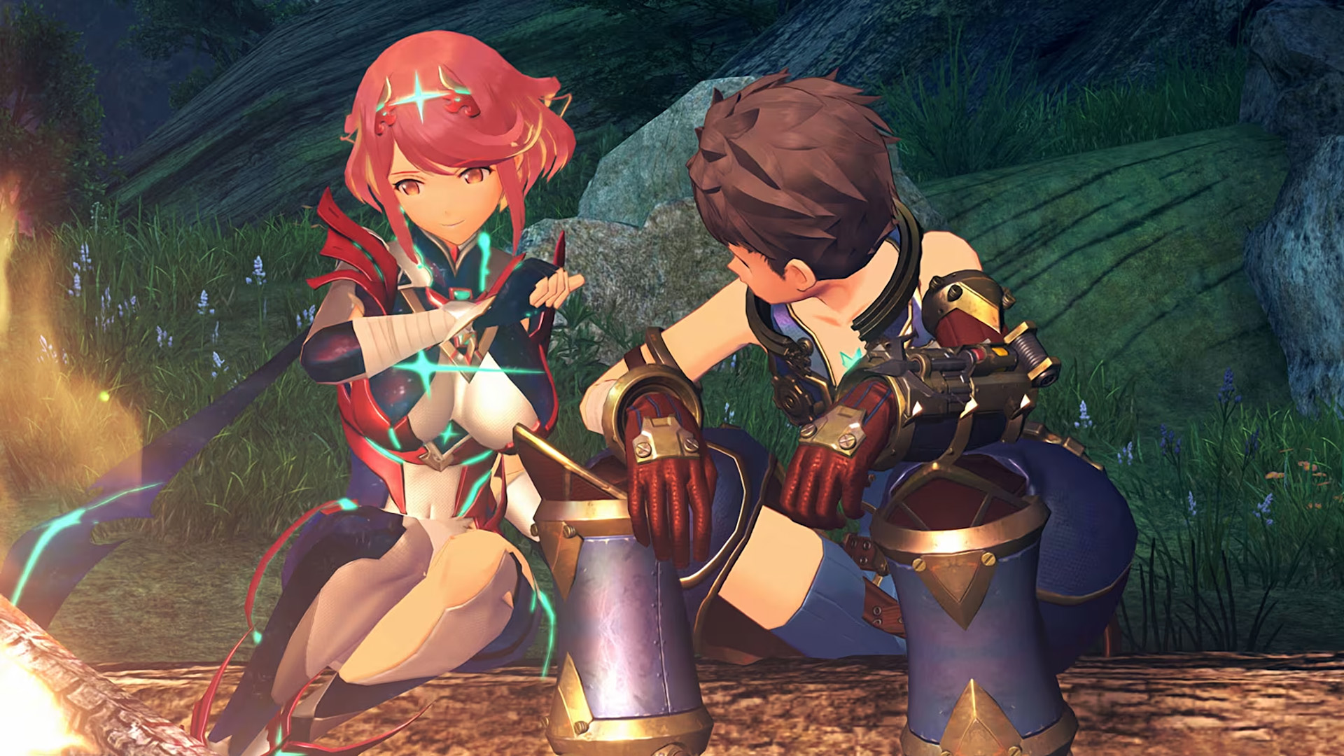 Two characters from Xenoblade Chronicles 2 sitting by a campfire in a forested area at night, engaged in conversation.