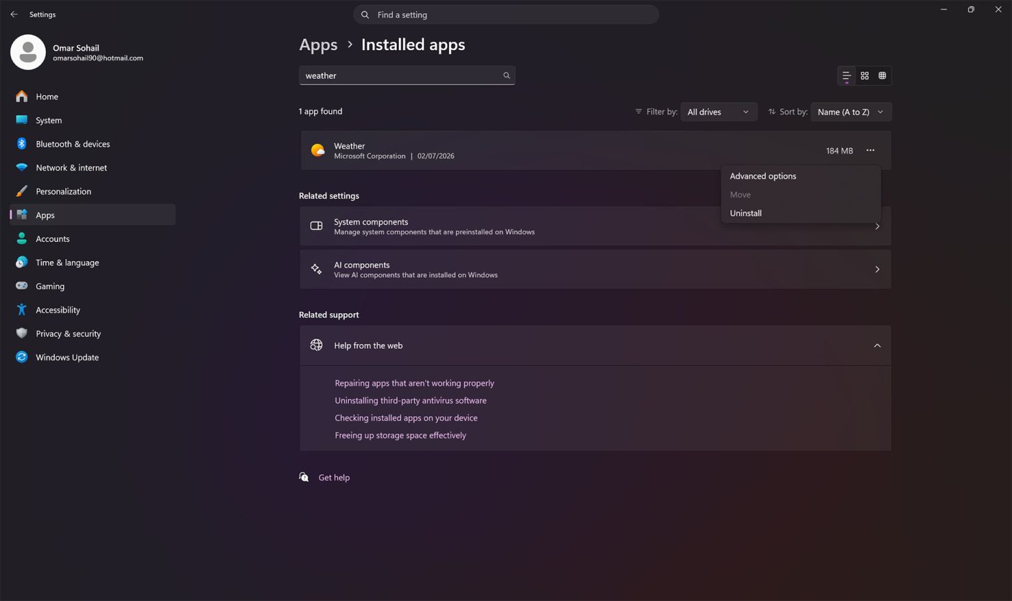Microsoft Windows 11's Weather can consume up to 1.5GB when performing tasks, maybe more