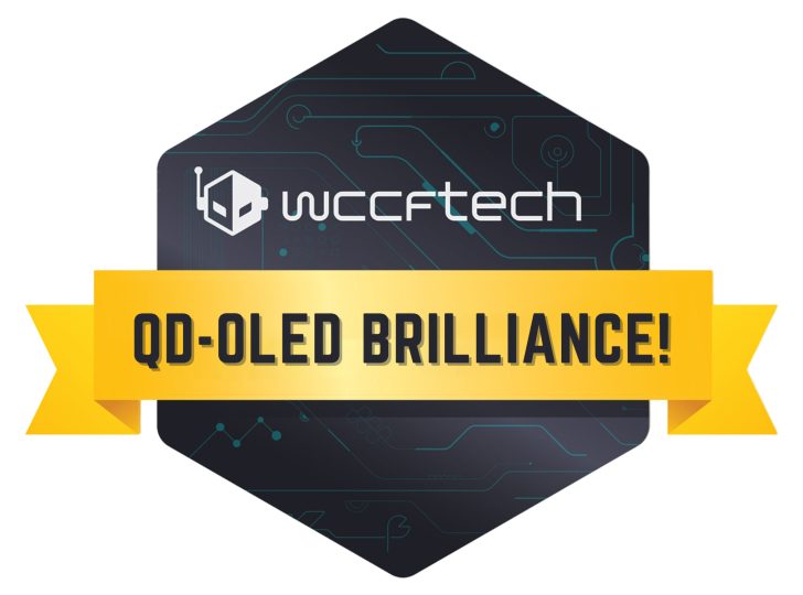 A graphic featuring the wccftech logo with the text 'QD-OLED BRILLIANCE!' on a yellow banner.