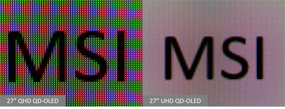 A close-up comparison shows text 'MSI' displayed on a 27-inch QHD QD-OLED screen and a 27-inch UHD QD-OLED screen, highlighting their pixel matrix differences.
