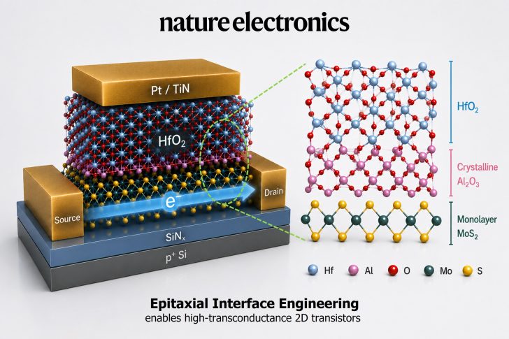 A diagram from 'nature electronics' illustrates the layered structure of high-transconductance 2D transistors featuring Pt/TiN, HfO₂, crystalline Al₂O₃, and monolayer MoS₂.