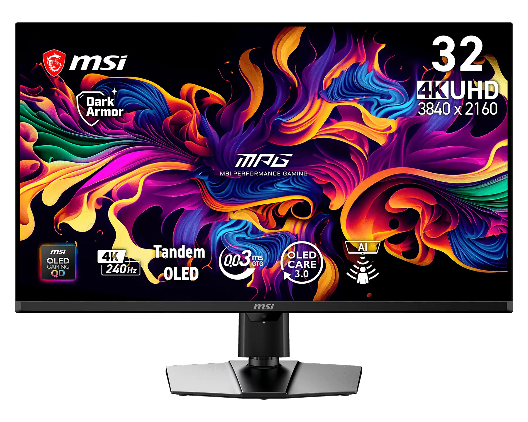 The MSI MAG monitor displays vibrant abstract graphics with features including '4K UHD 3840 x 2160,' 'Tandem OLED,' '0.03 ms GTG,' and '4K 240Hz.'