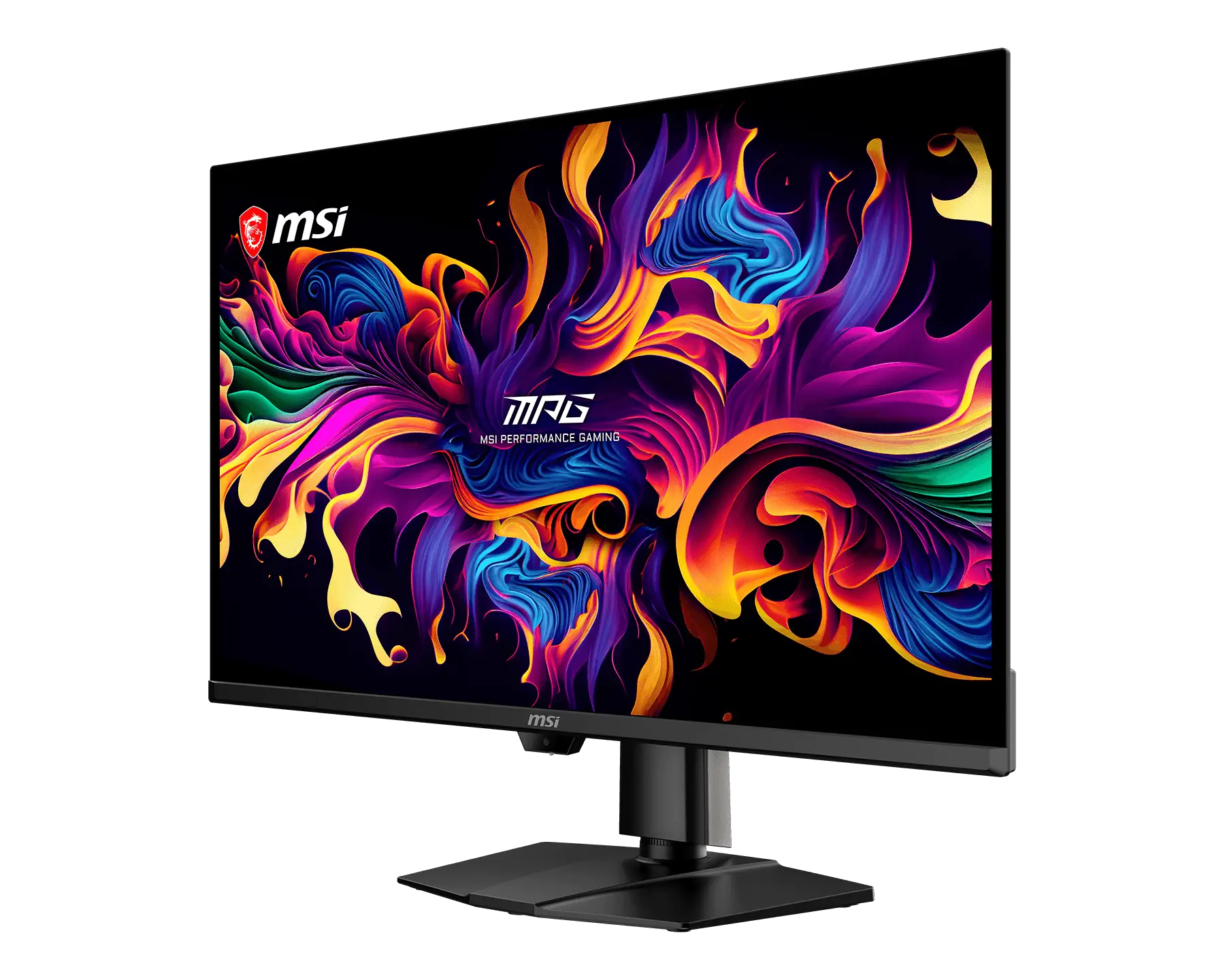MSI monitor displaying vibrant, multicolored abstract art with the text 'MPG MSI Performance Gaming' on the screen.