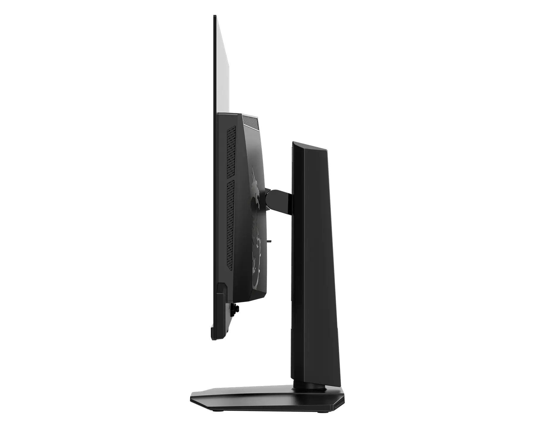 Side view of an MSI gaming monitor with a slim profile and distinctive dragon logo on the back.