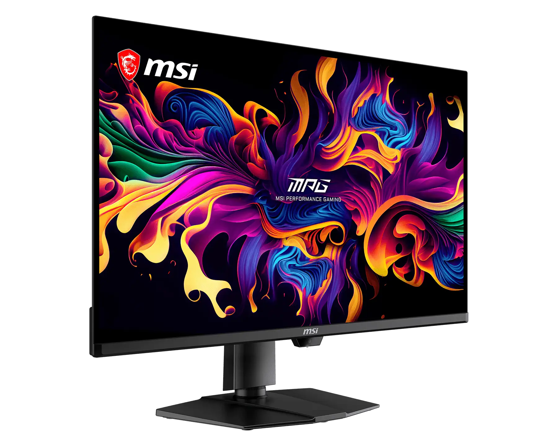 An MSI gaming monitor displaying vibrant, colorful abstract graphics with the text 'MSI Performance Gaming' on the screen.