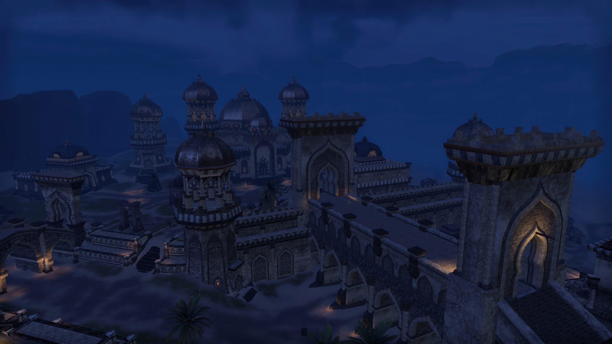 A screenshot from the game 'The Elder Scrolls Online' shows a detailed view of Sentinel's cityscape at night, with illuminated domed towers and arched bridges.