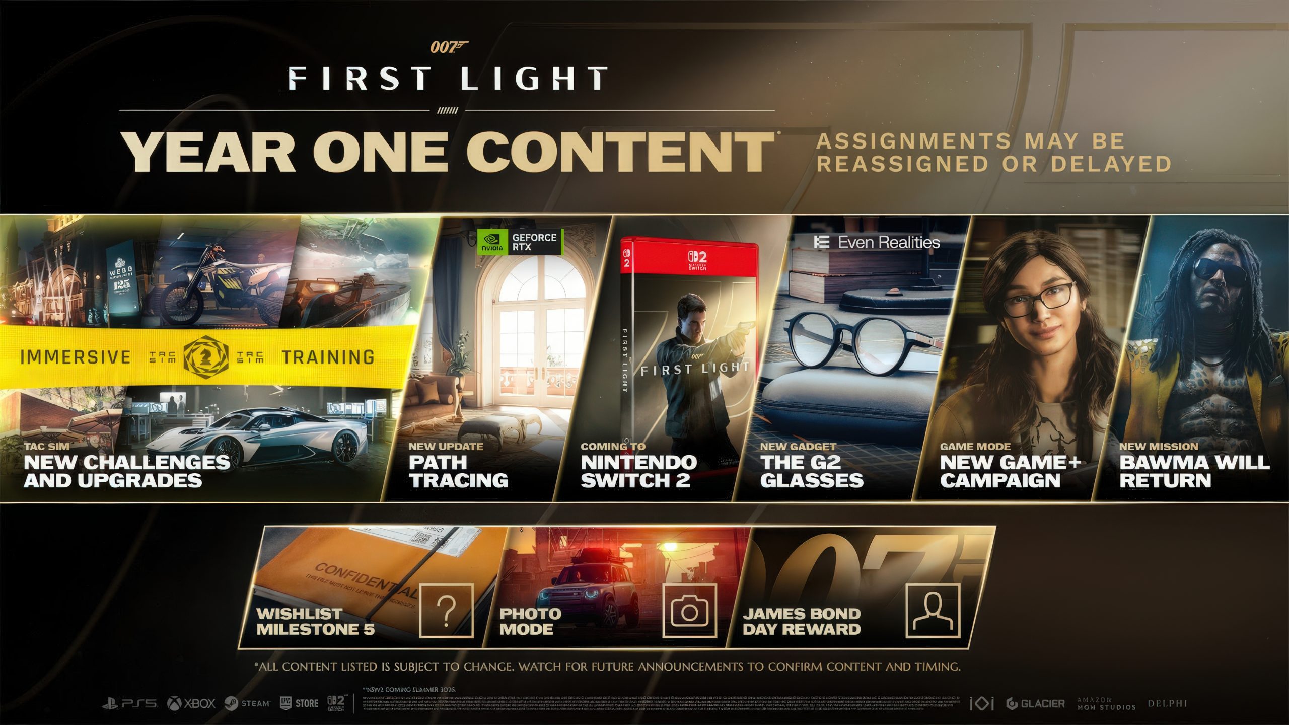 The image shows promotional content for 007: First Light Year One, highlighting features such as 'New Gadget: The G2 Glasses,' 'Coming to Nintendo Switch 2,' 'New Update: Path Tracing,' and 'New Mission: Bawma Will Return.'